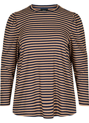 Striped viscose blouse with puff sleeves, Blue Camel Stripe, Packshot image number 0