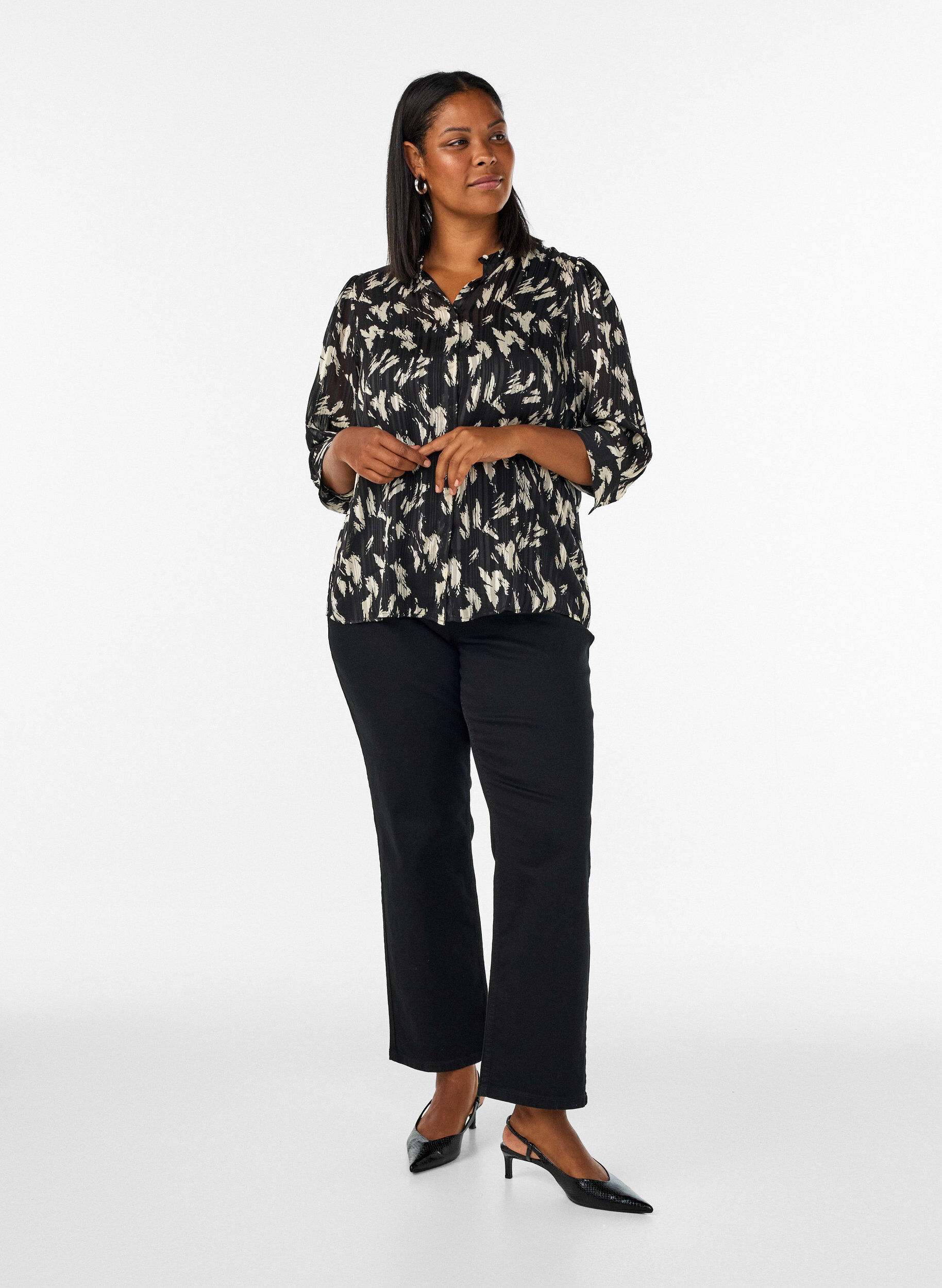 ZizzifashionPatterned shirt with a stand-up collar and 3/4-sleeves, Black, Model image number 1