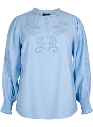 Blouse with ruffles and broderie anglaise, Chambray Blue, Packshot