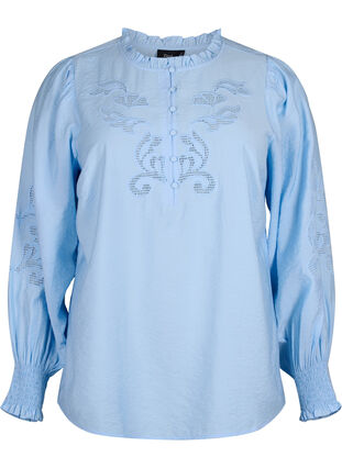 Blouse with ruffles and broderie anglaise, Chambray Blue, Packshot image number 0