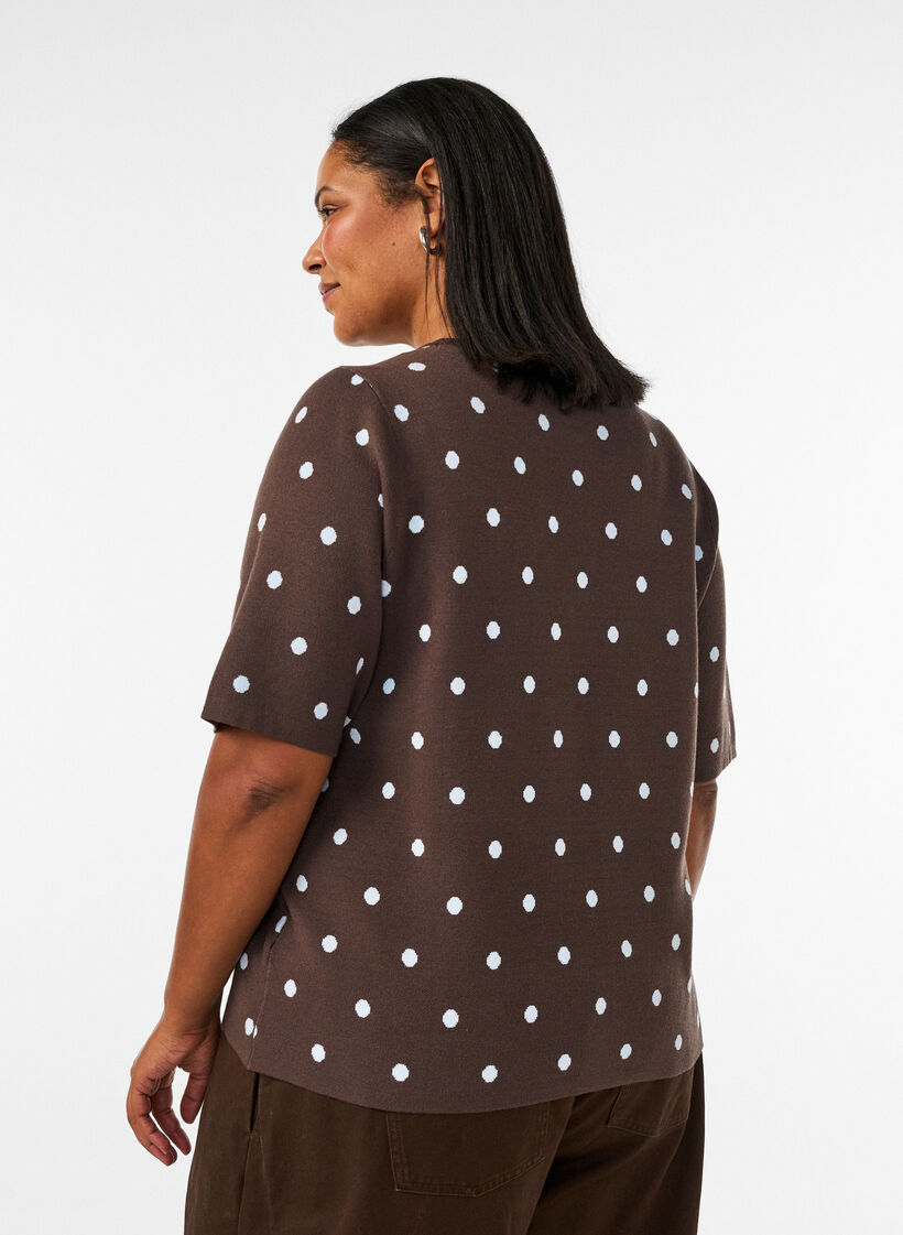 Short-sleeved knitted blouse with polka dots, Brown, Model image number 2