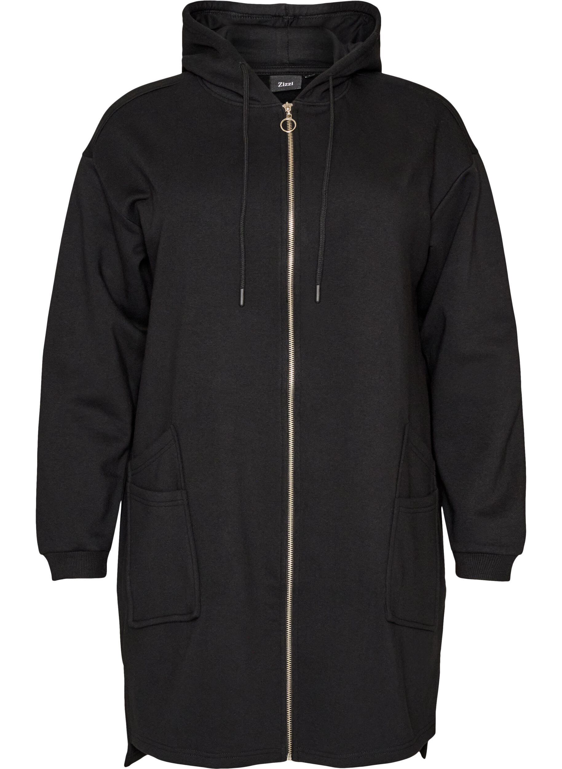 ZizzifashionLong hooded cardigan with zipper, Black, Packshot image number 0