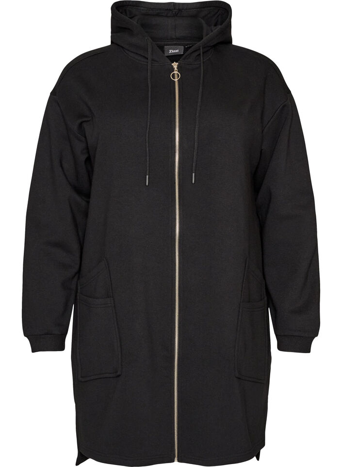 Long hooded cardigan with zipper, Black, Packshot image number 0