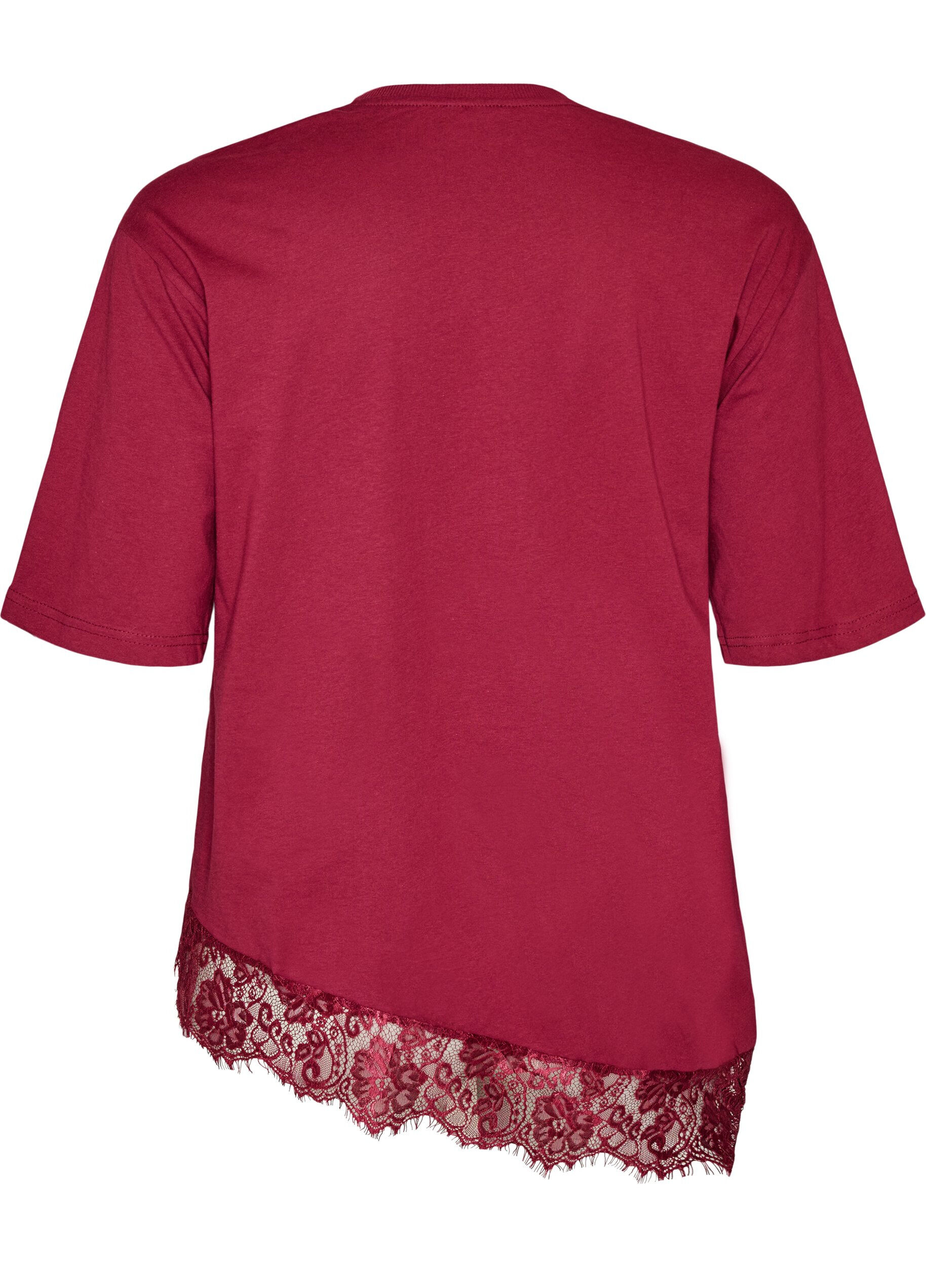 ZizzifashionT-shirt with asymmetric lace hem, Red, Packshot image number 1