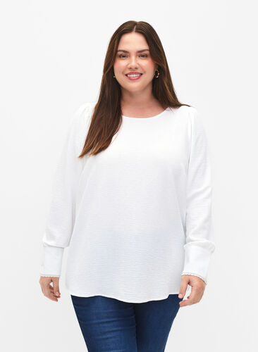 Long-sleeved blouse with texture, Bright White, Model image number 0
