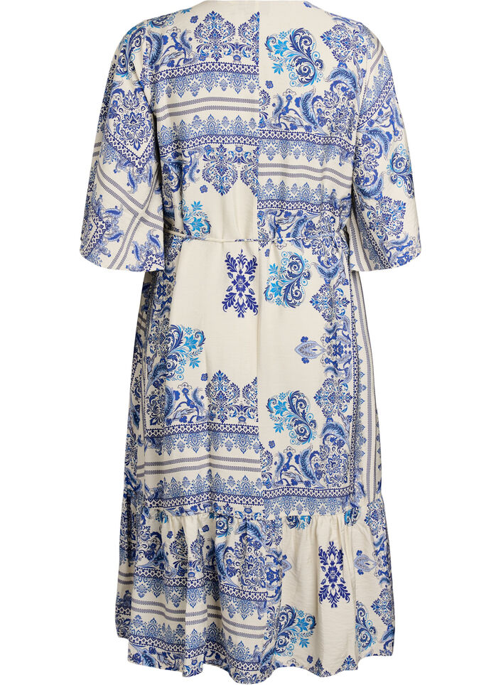 Patterned midi dress in viscose with tie belt, Blue, Packshot image number 1