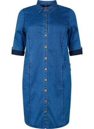 Denim shirt dress with 3/4 sleeves, Blue denim, Packshot image number 0