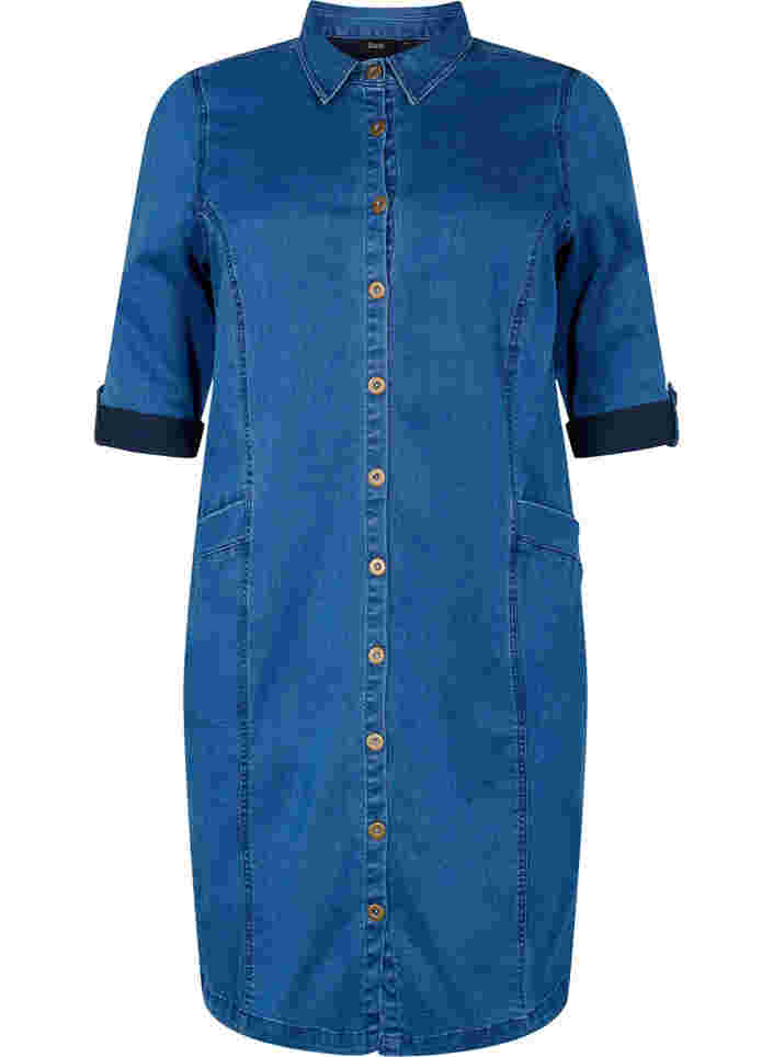 Denim shirt dress with 3/4 sleeves, Blue denim, Packshot