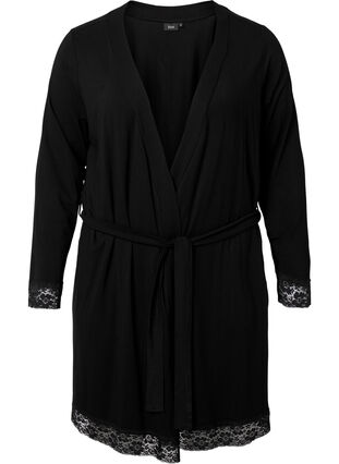 Dressing gown in viscose with lace, Black, Packshot image number 0