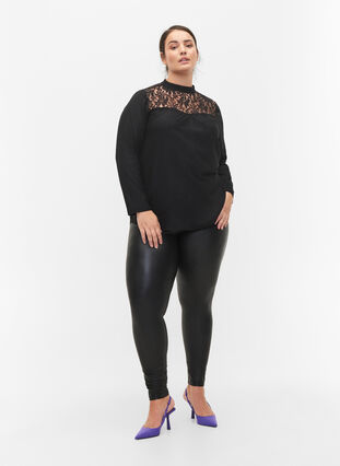 Long-sleeved viscose top with lace, Black, Model image number 2