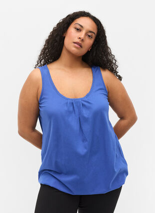 Cotton top with rounded neckline and lace trim, Dazzling Blue, Model image number 0
