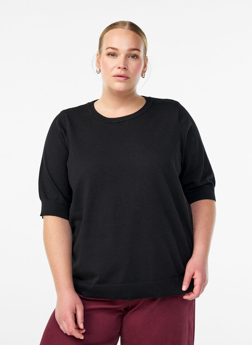 Fine-knit blouse with short sleeves, Black, Model image number 0
