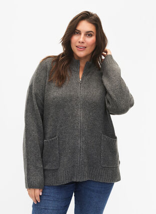 Knitted cardigan with zipper and pockets, Dark Grey Melange, Model image number 0
