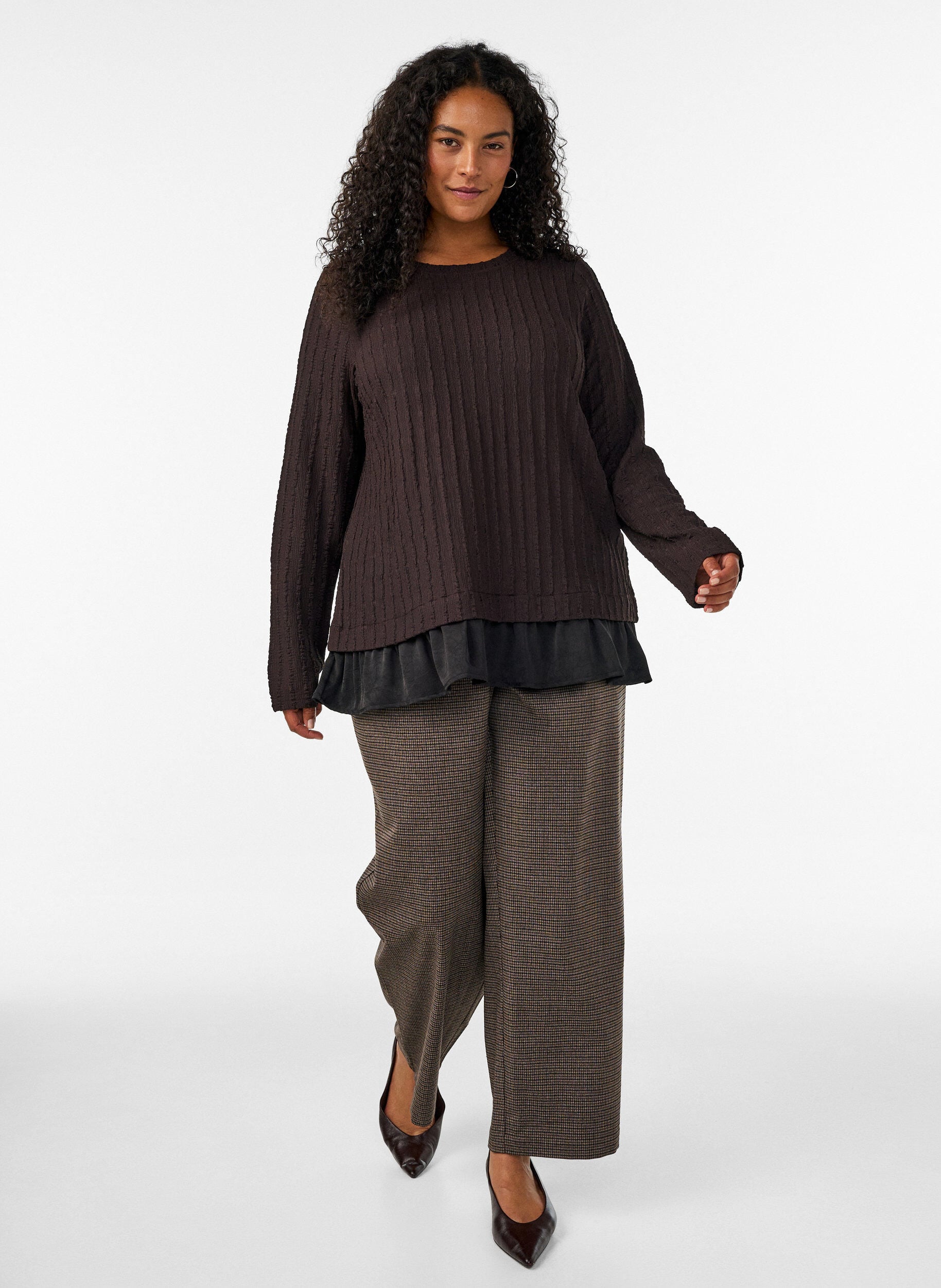 ZizzifashionStructured blouse with ruffle hem, Brown, Model image number 1
