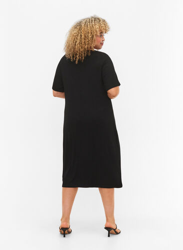 Short-sleeved midi dress in viscose rib quality, Black, Model image number 1