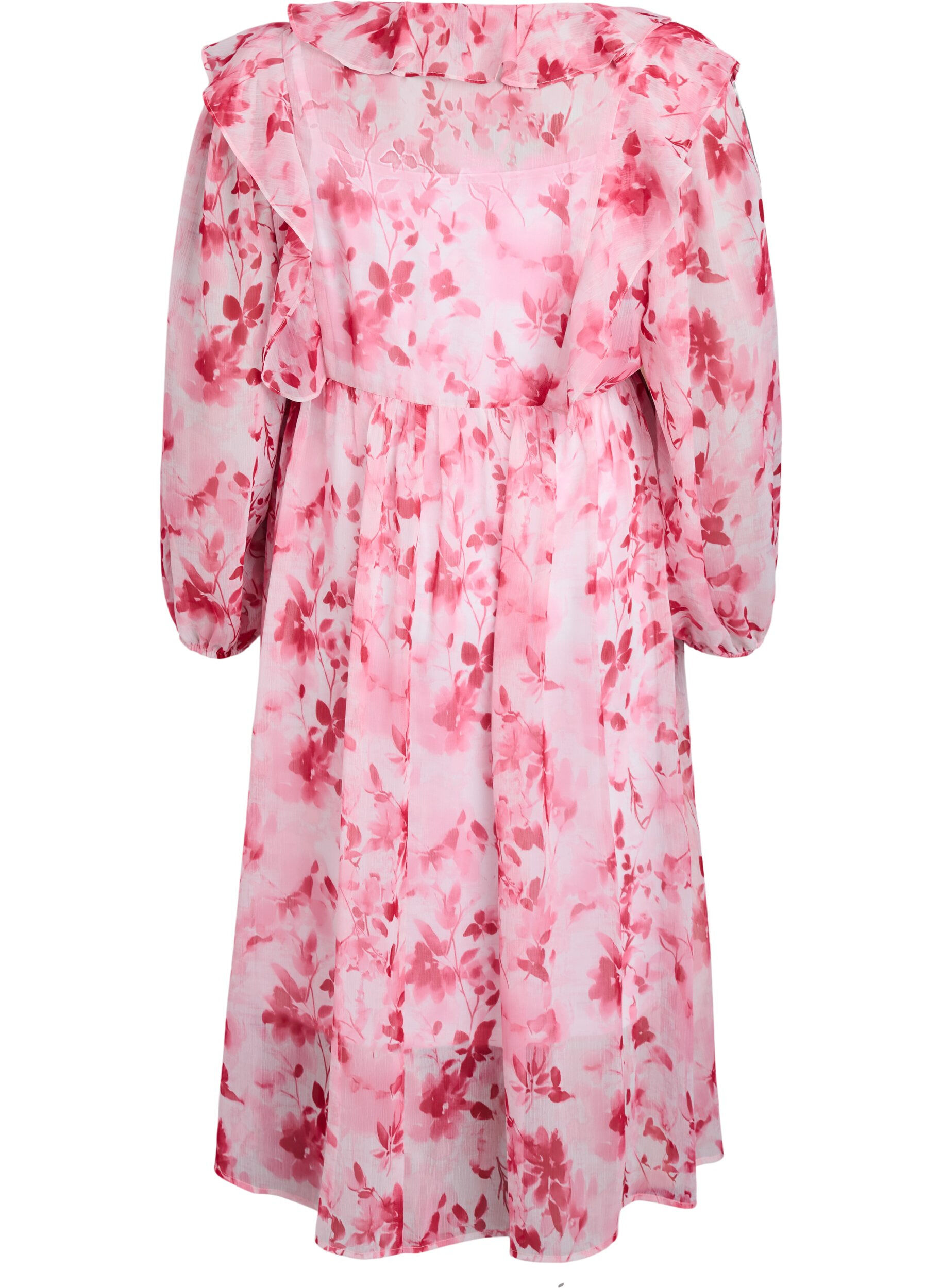ZizzifashionFloral chiffon dress with ruffles and long sleeves, Pink, Packshot image number 1