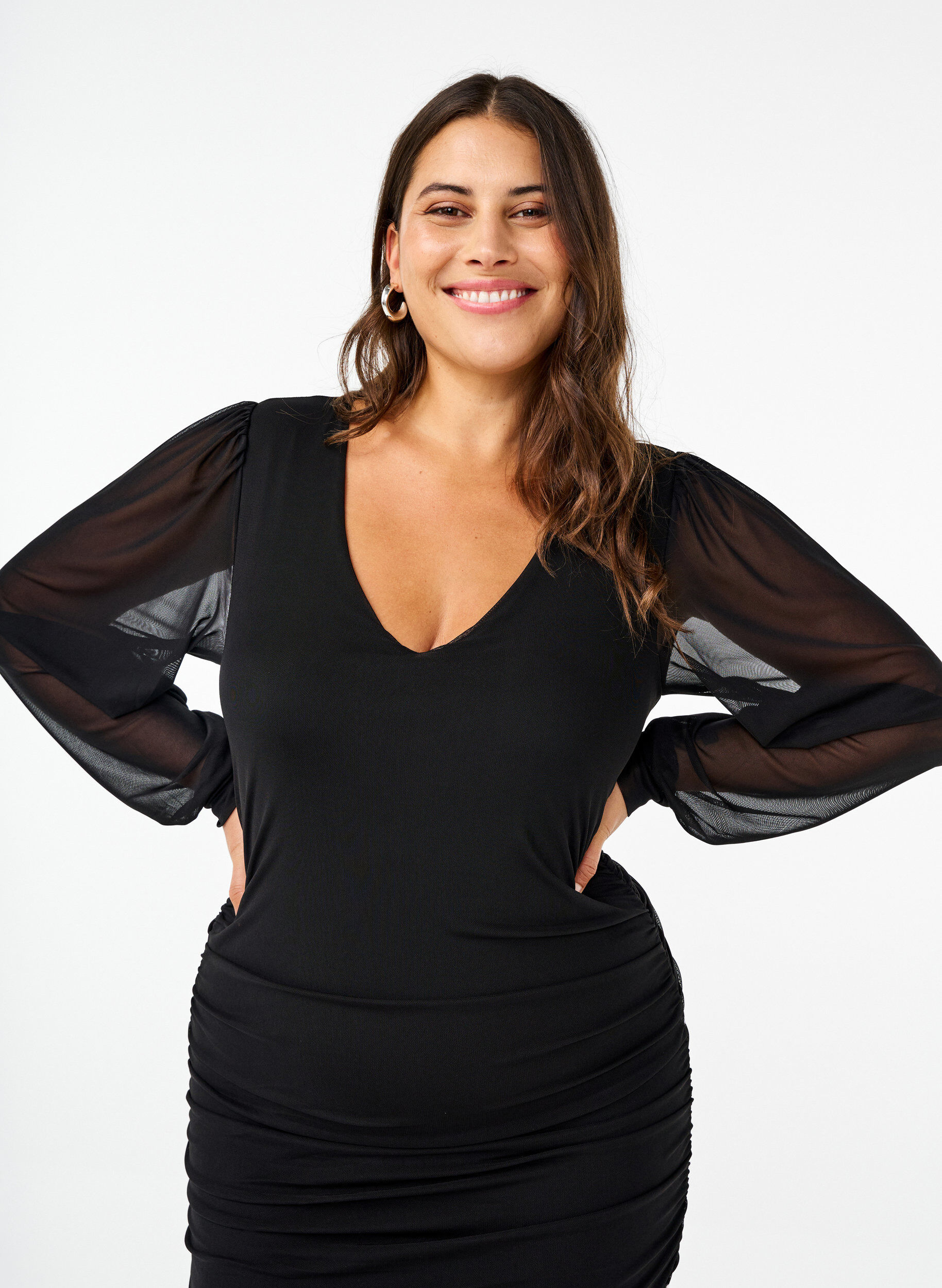 Zizzifashion Midi mesh dress with drapes, Black, Model image number 2