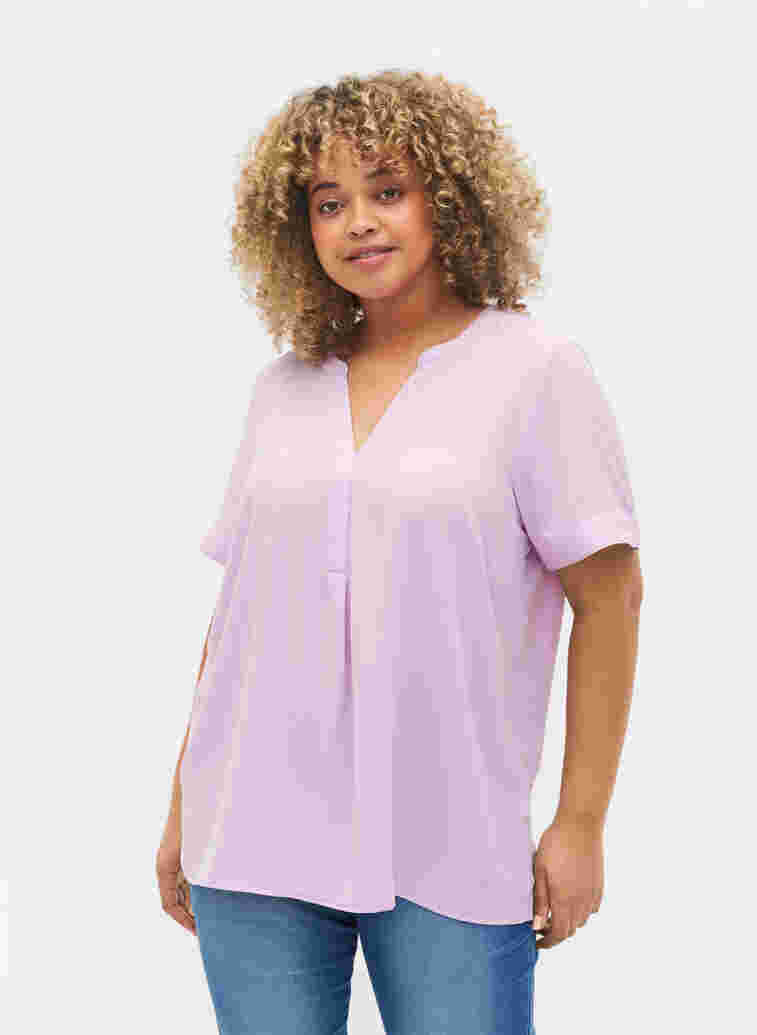 Short-sleeved v-neck blouse, Orchid Bloom, Model image number 0