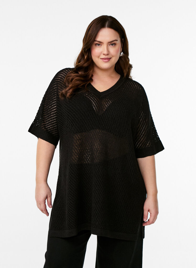 FLASH - Short-sleeved knitted blouse with v-neck, Black, Model image number 0