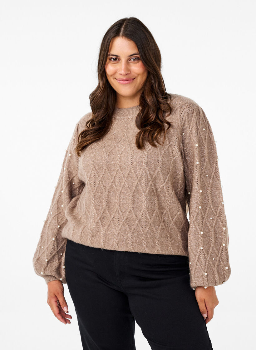 Knitted sweater with pattern and pearls, Desert Taupe Mel., Model image number 0