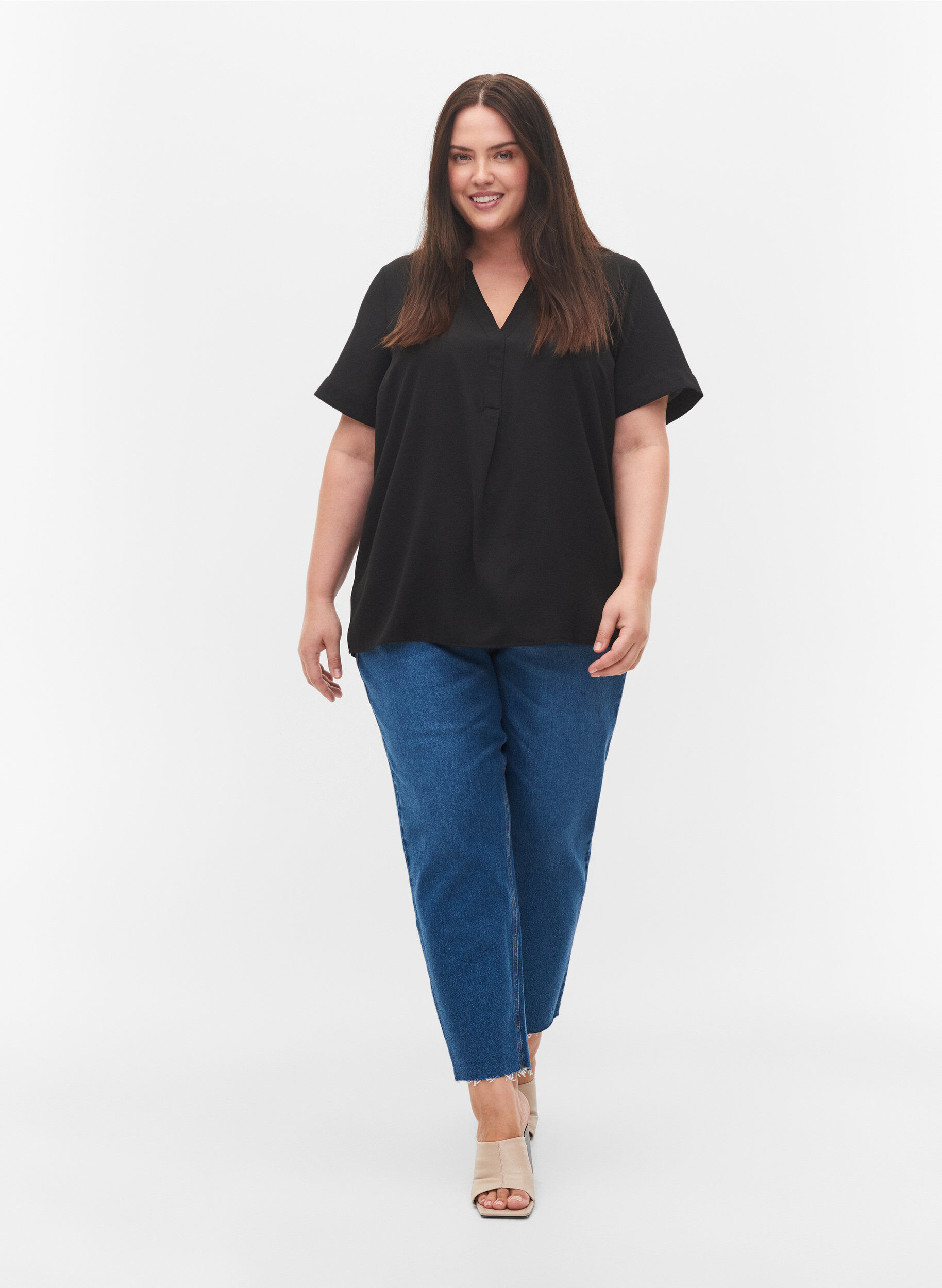 Zizzifashion Short-sleeved blouse with a V-neck, Black, Model image number 1