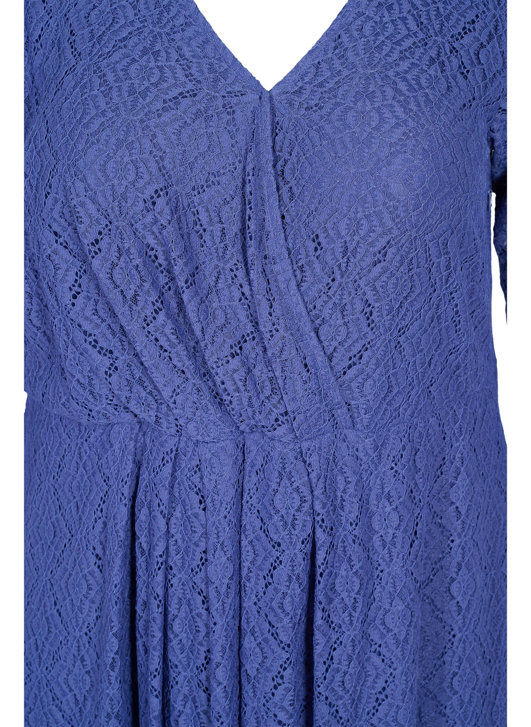 Zizzifashion V-neck lace dress with 3/4 sleeves, Blue, Packshot image number 2