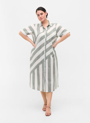 Short-sleeved cotton shirt dress with stripes, Thyme Stripe, Model image number 2