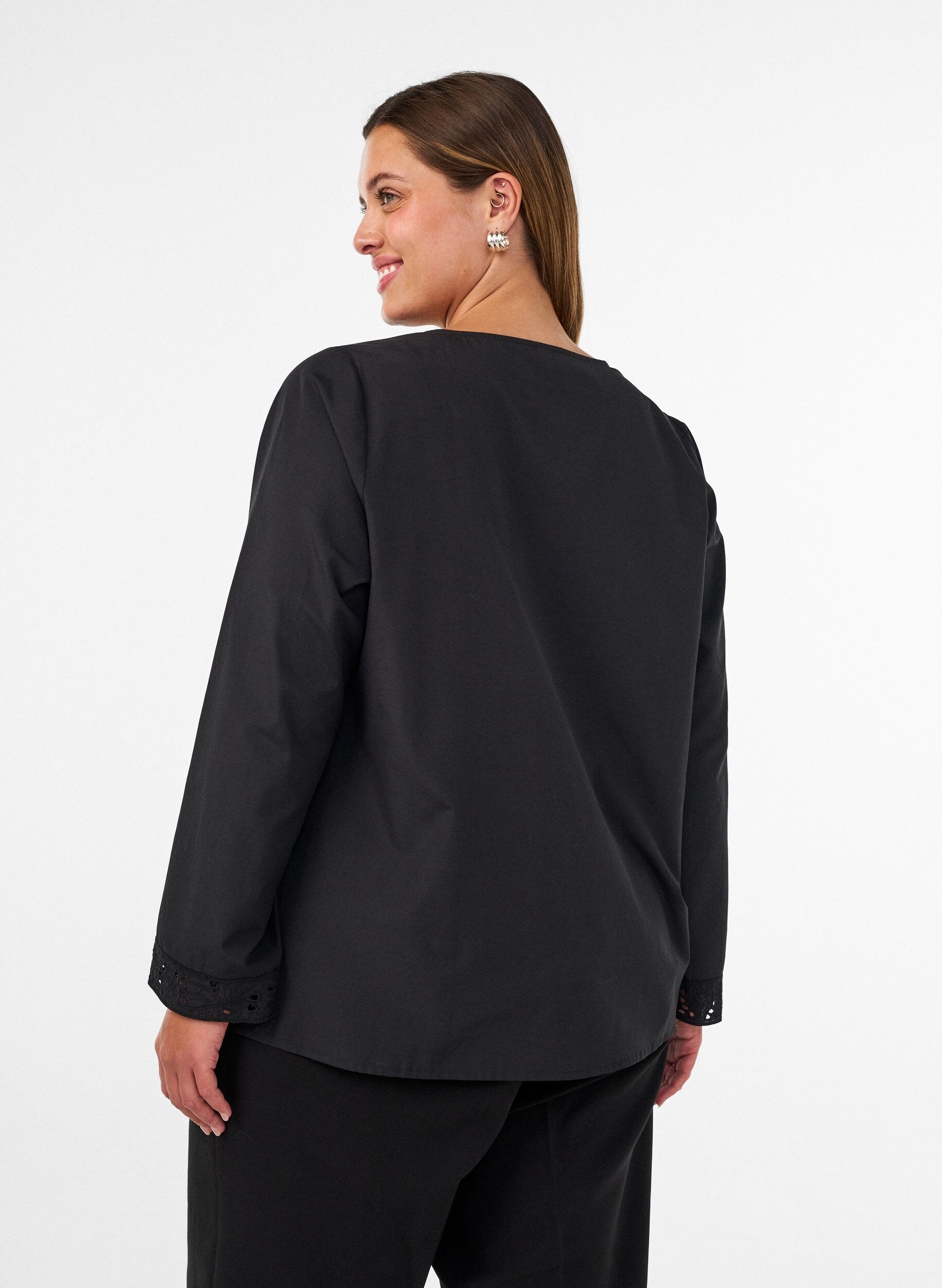 ZizzifashionShirt blouse with broderie anglaise, Black, Model image number 2
