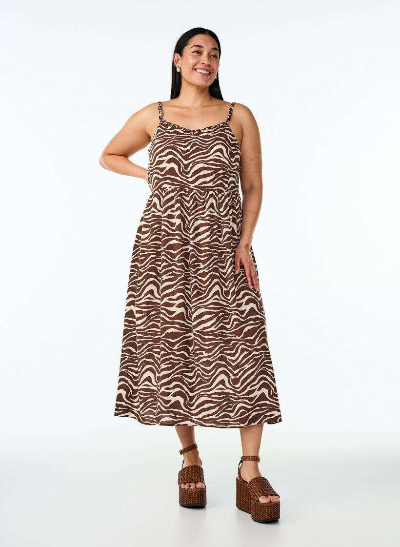 Midi strap dress with a smocked back, Brown, Model image number 0