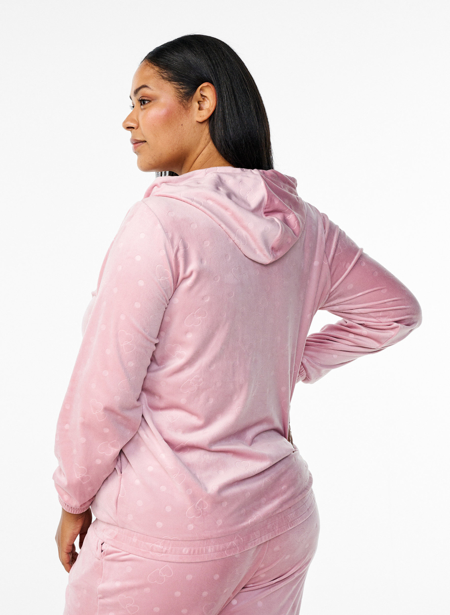 Zizzifashion Velour cardigan with hood and pockets, Pink, Model image number 2