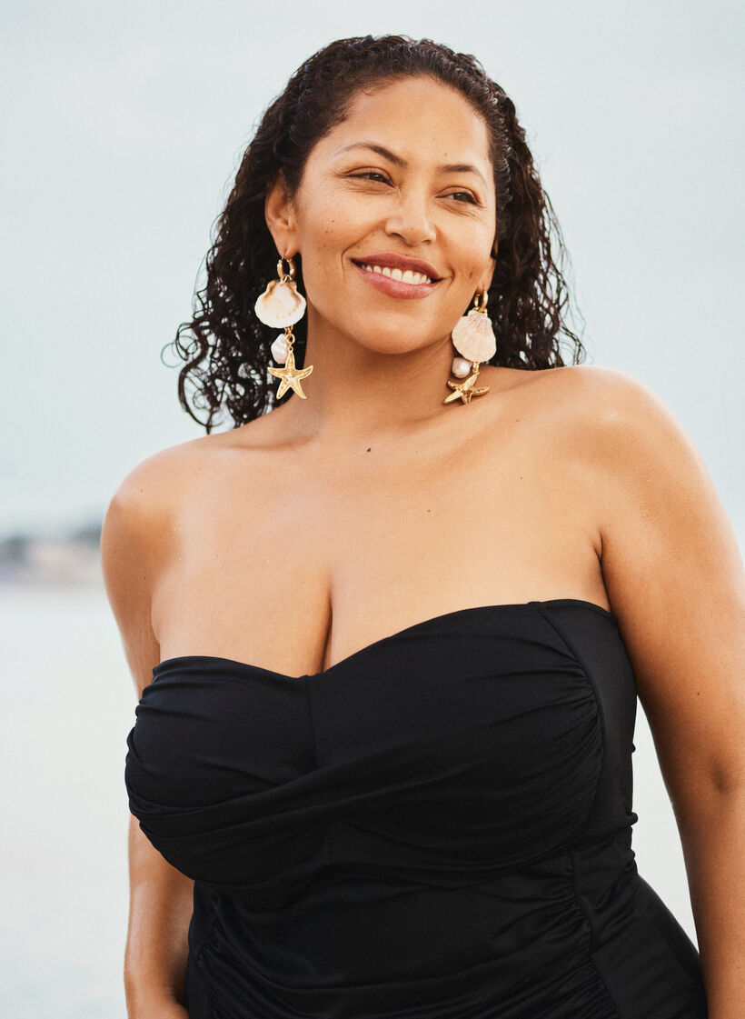 Strapless swimsuit with draping and padded cups, Black, Image image number 0