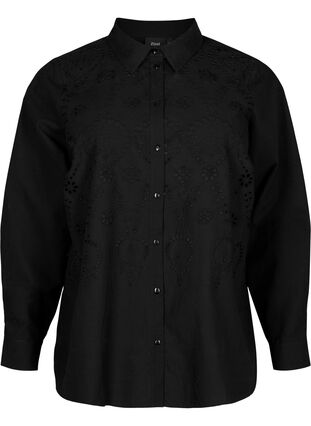 Cotton shirt with broderie anglaise, Black, Packshot image number 0