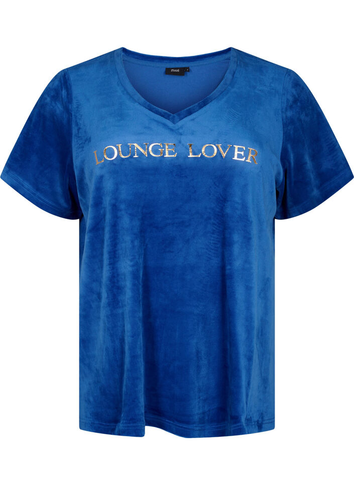 Velour t-shirt with a v-neck, Monaco Blue, Packshot image number 0