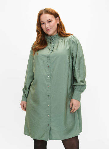 Viscose shirt dress with ruffles, Green Bay, Model image number 0