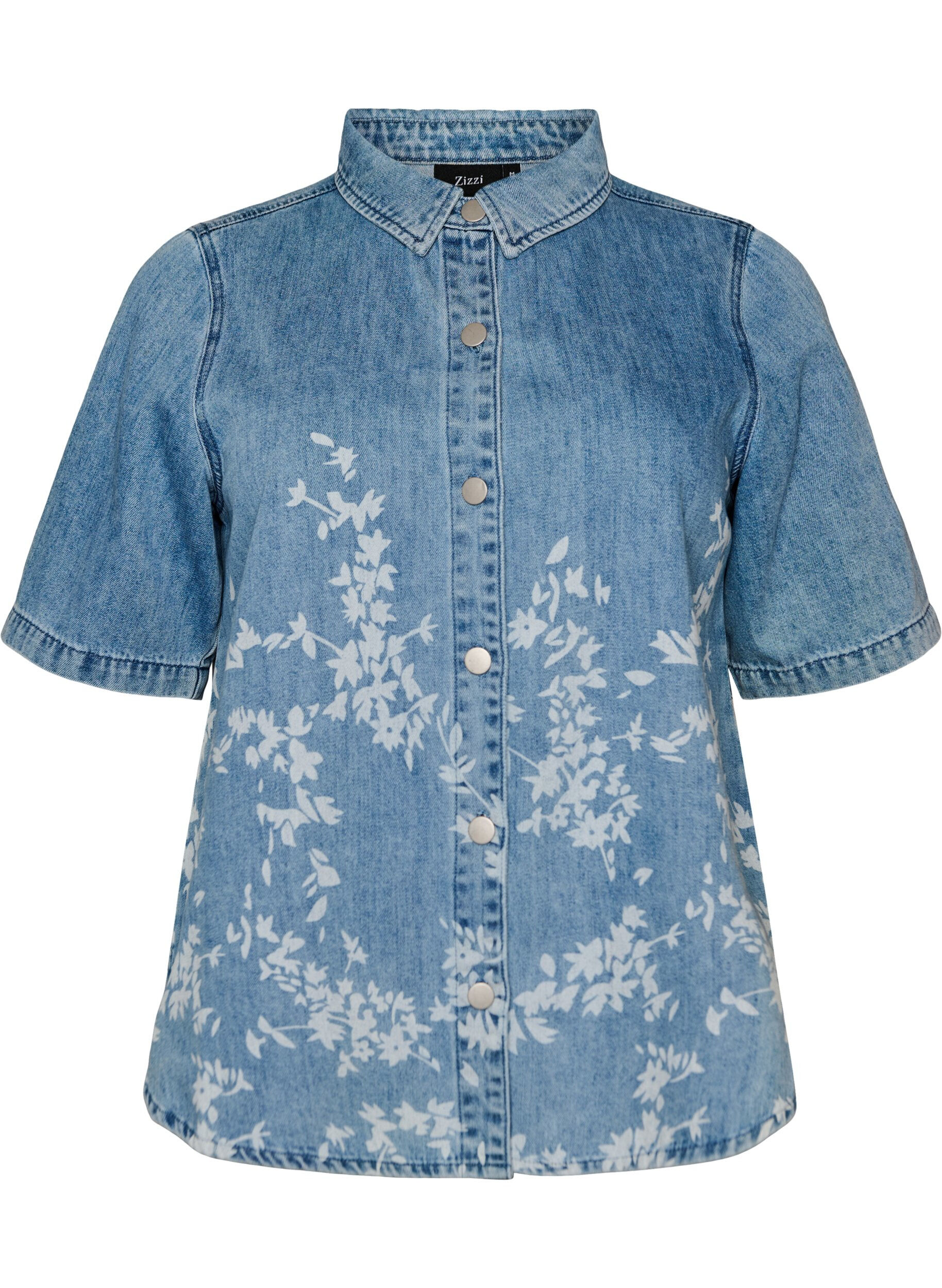 ZizzifashionDenim shirt with floral print and short sleeves, Light Blue, Packshot image number 0