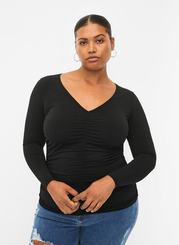 Blouse with v-neck and draping, Black, Model image number 0