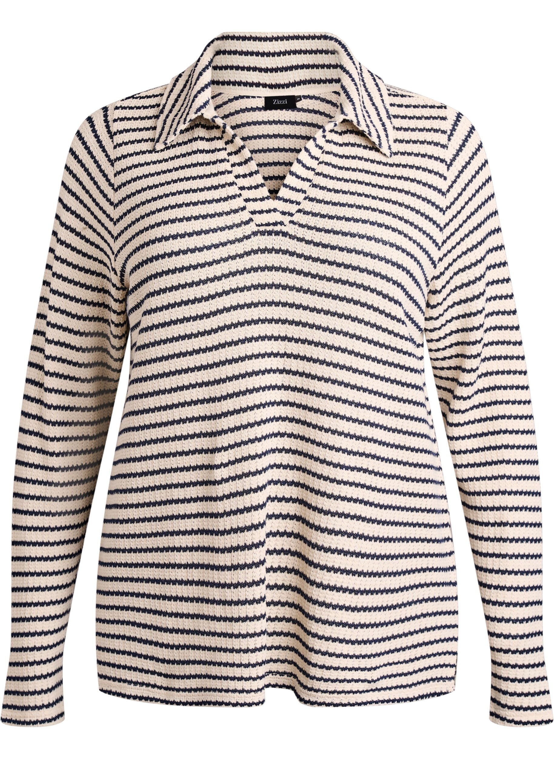 Zizzifashion Striped jersey blouse with a collar and V-neck, Beige, Packshot image number 0