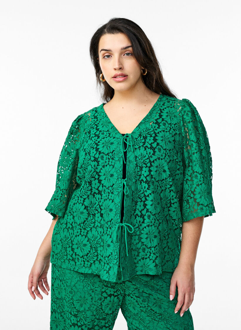 Lace blouse with 3/4 sleeves and bows on the front, Green, Model image number 0