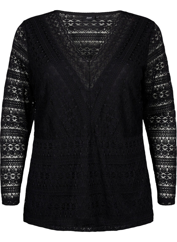 V-neck lace blouse with lining, Black, Packshot image number 0