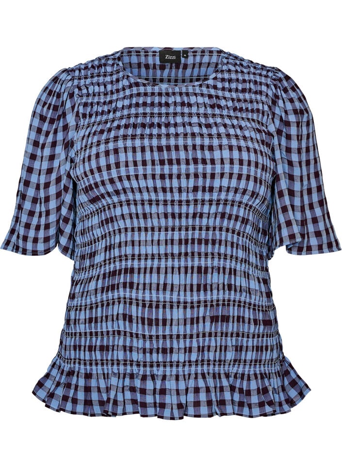 Smock blouse with gingham check and ruffle hem, Blue, Packshot image number 0