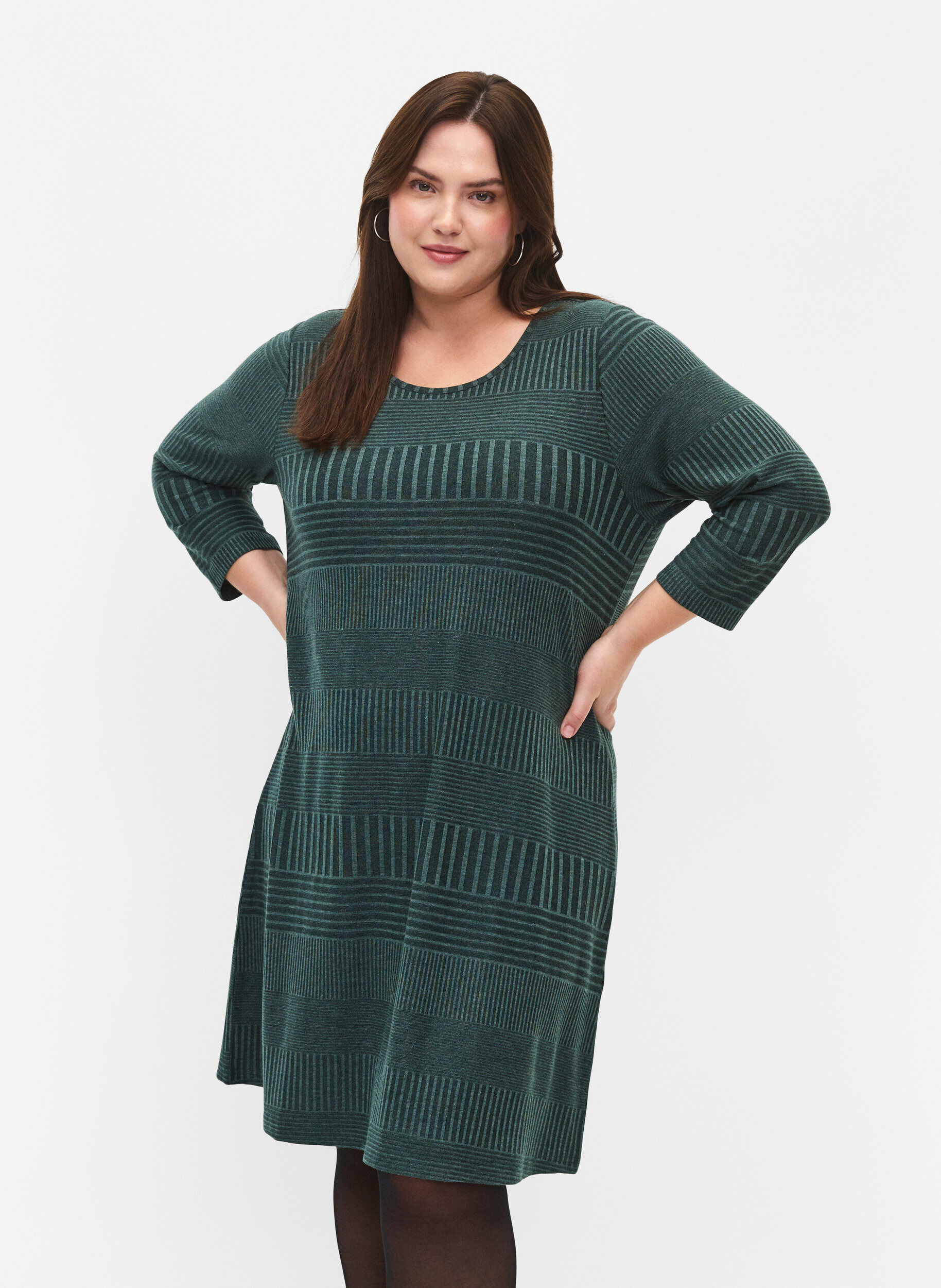 Zizzifashion Dress with 3/4 sleeves and striped pattern, Scarab Melange, Model image number 0