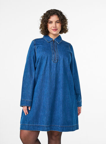 Short denim dress with zip detail and collar - Blue - Sz. 40-64 - Zizzifashion Short denim dress with zip detail and collar - Blue - Sz. 40-64 - Zizzifashion