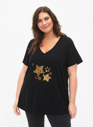 Cotton t-shirt with sequins, Black W. Star, Model image number 0