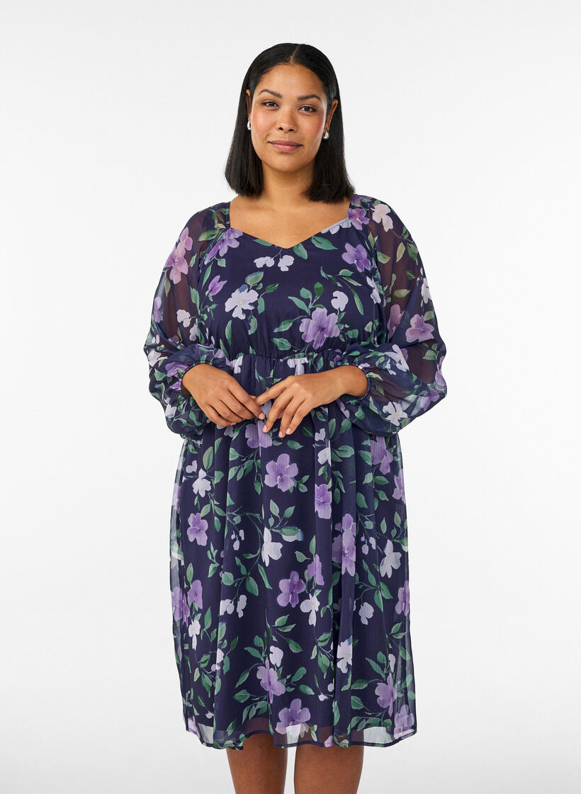 Chiffon party dress with long sleeves, Blue, Model image number 0