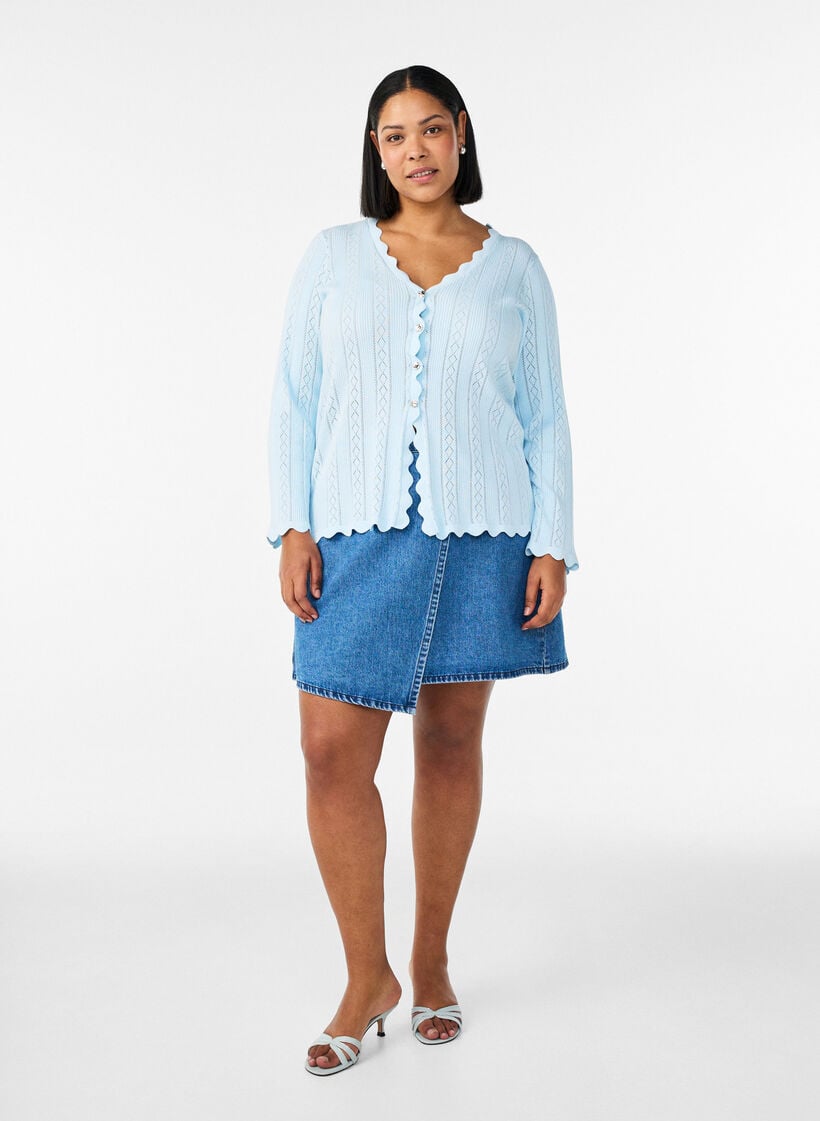 Cardigan with eyelet embroidery and wavy edges, Light Blue, Model image number 1