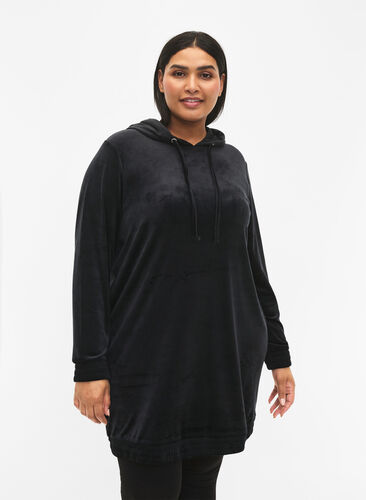 Hooded, velour sweatshirt dress , Black, Model image number 0