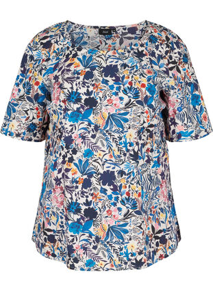 Floral blouse in cotton with short sleeves, Flower AOP, Packshot image number 0