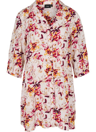 Viscose shirt tunic with 3/4 sleeves and print, Beige w. Flower AOP, Packshot image number 0