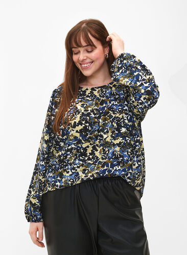 Blouse with puff sleeves, Blue Green AOP, Model image number 0