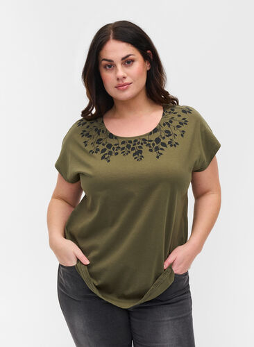 Cotton t-shirt with print details, Ivy Green Mel Leaf, Model image number 0